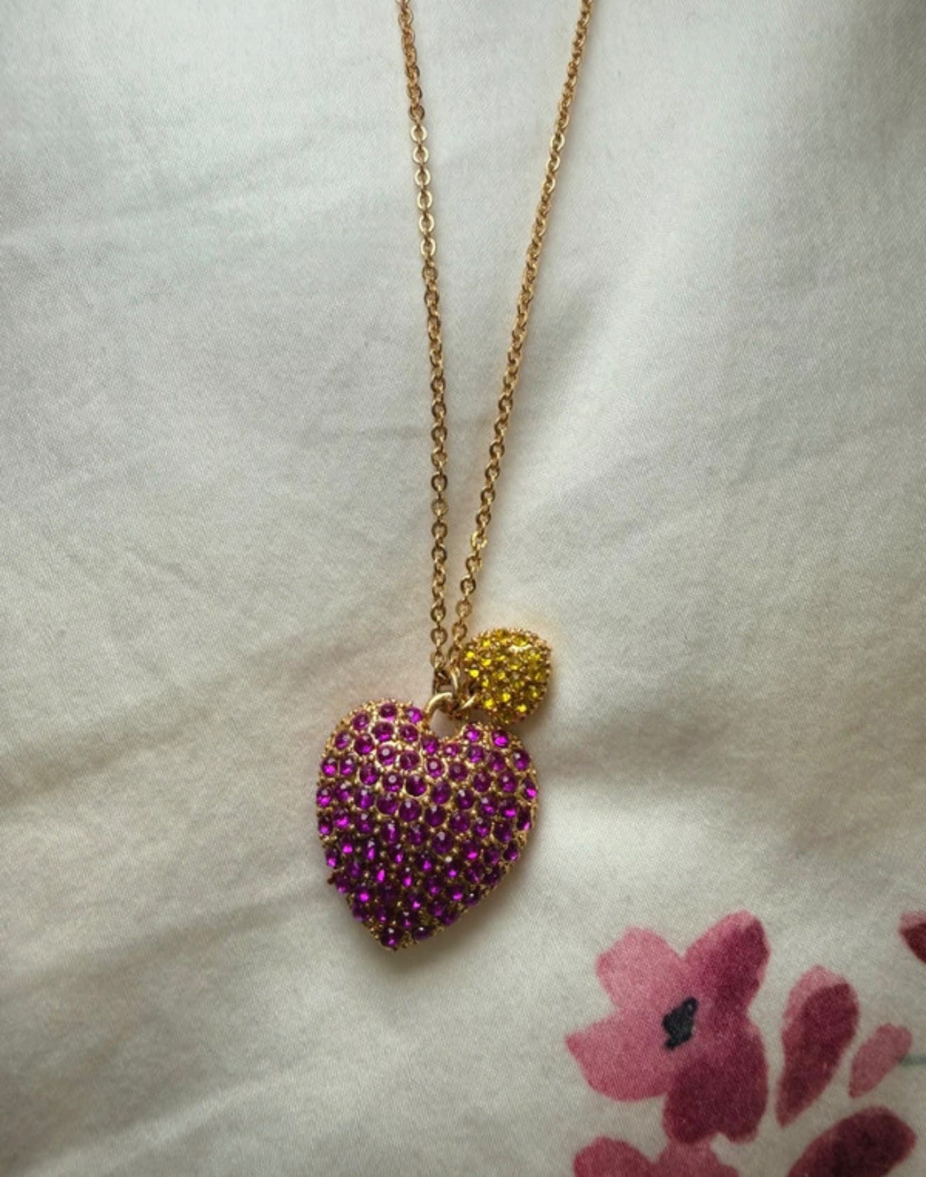 Pink Rhinestone Heart Pendant Gold Tone Necklace