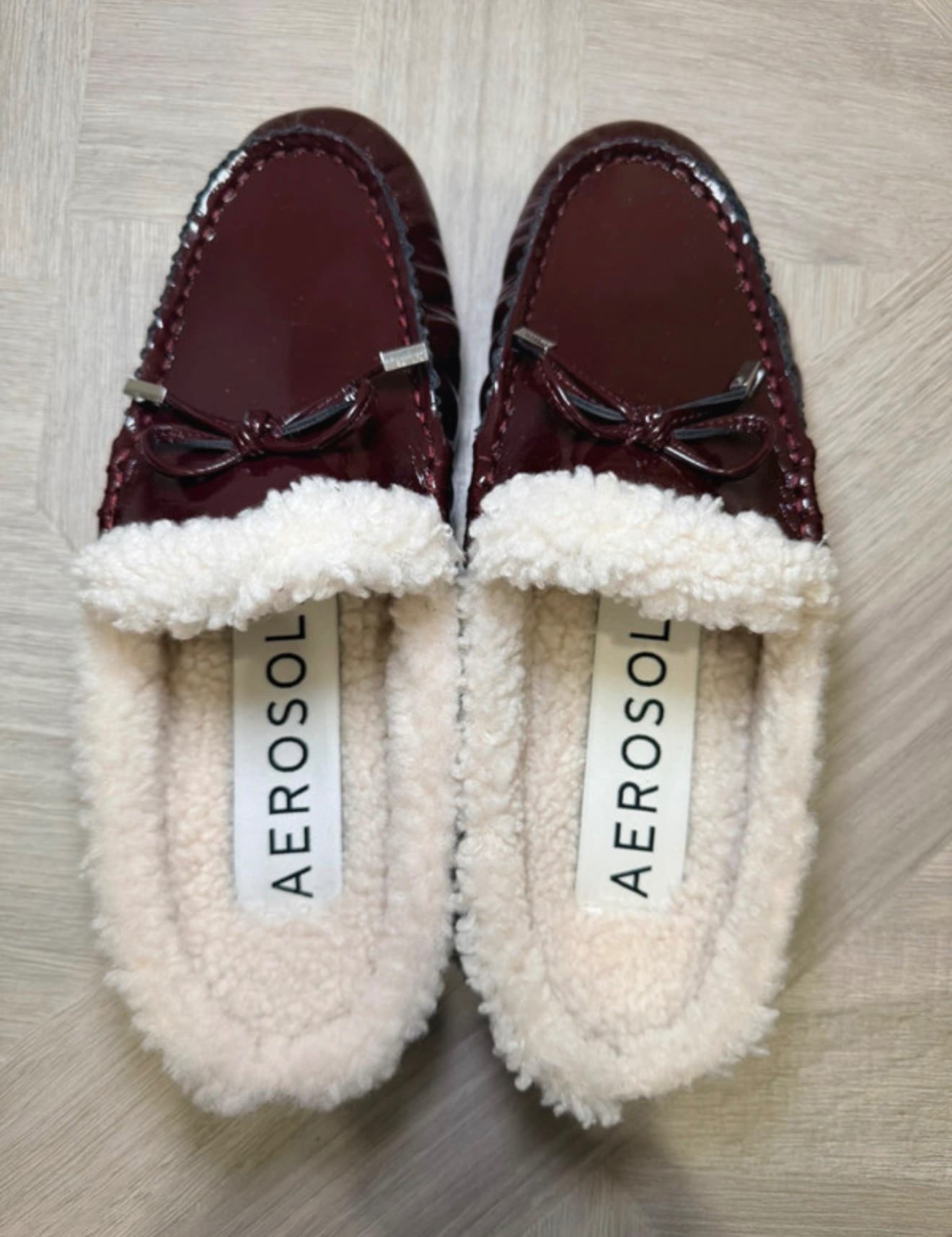 Aerosoles Burgundy Faux Fur Lined Patent Mule Loafers Size 9